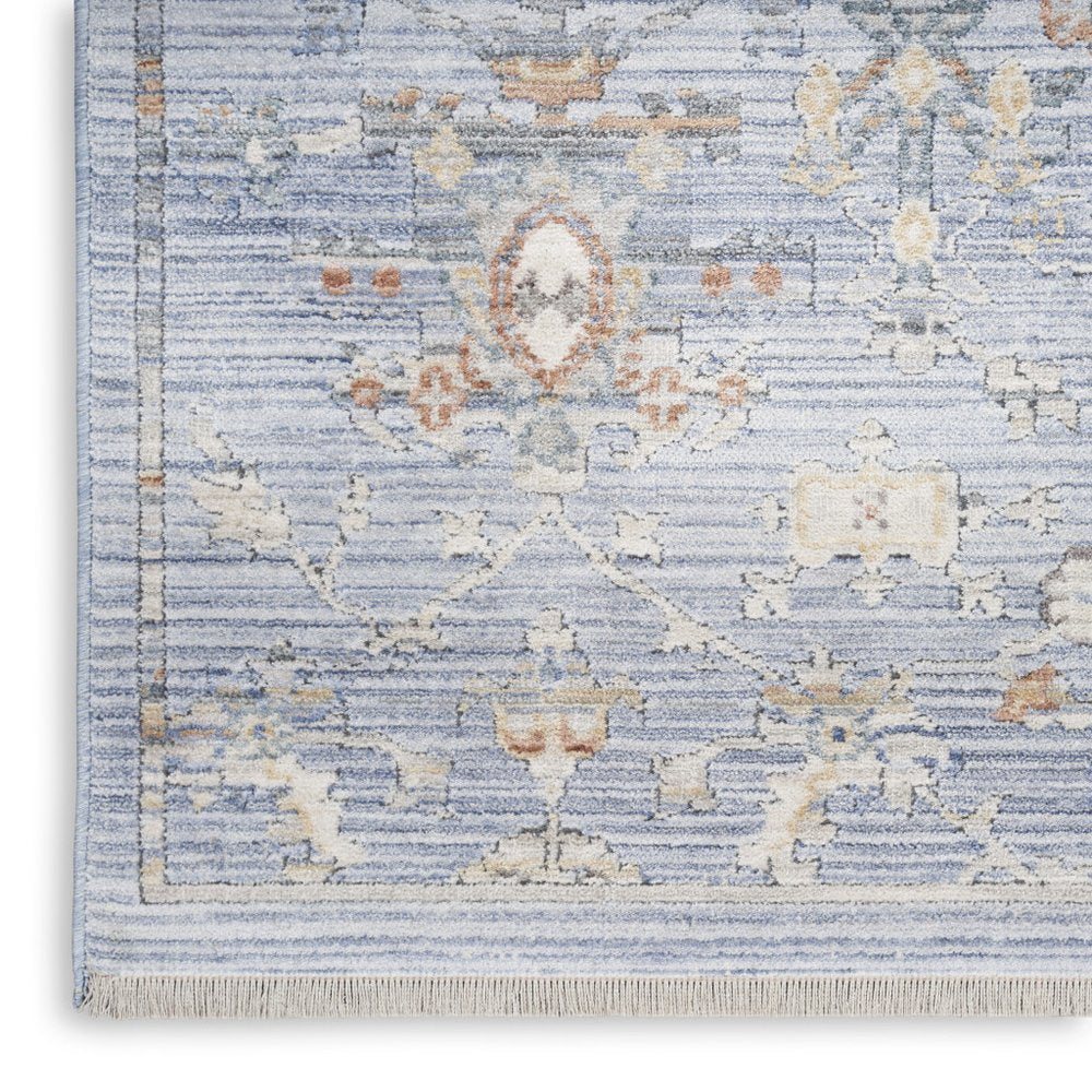 8' Blue and Ivory Oriental Power Loom Distressed Runner Rug With Fringe