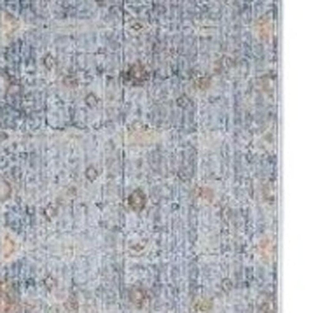 8' Blue and Ivory Oriental Power Loom Distressed Runner Rug With Fringe
