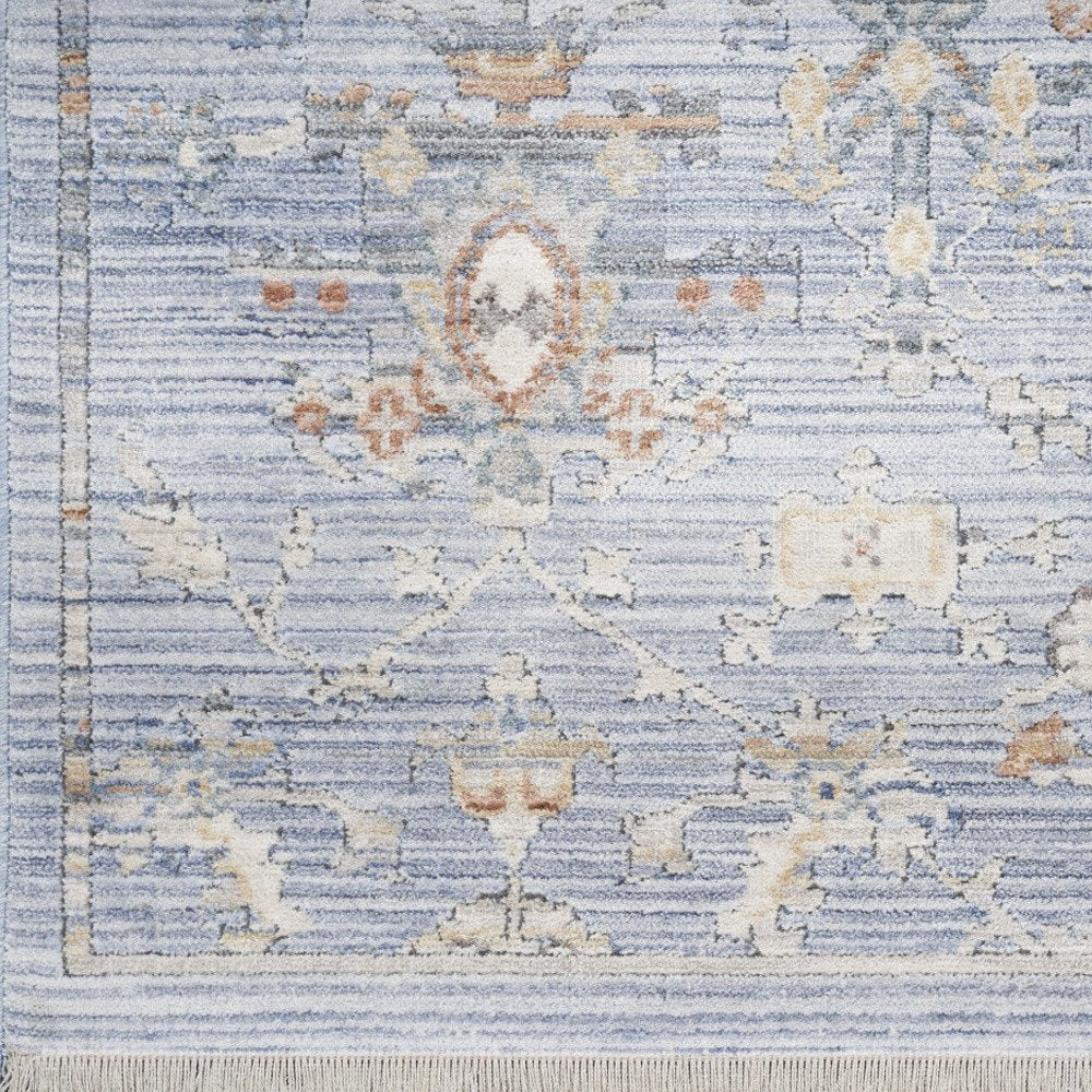 8' Blue and Ivory Oriental Power Loom Distressed Runner Rug With Fringe