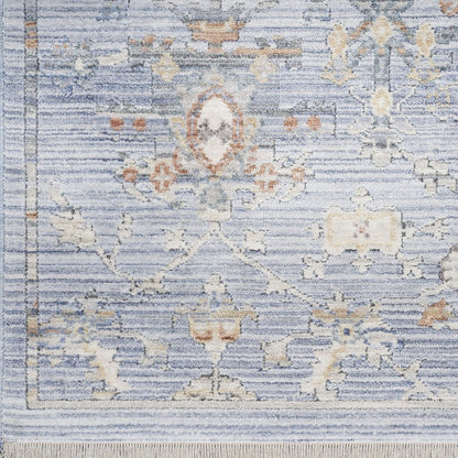 8' Blue and Ivory Oriental Power Loom Distressed Runner Rug With Fringe