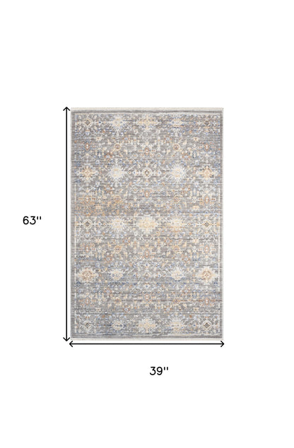 3' X 5' Ivory Blue and Gray Oriental Power Loom Distressed Area Rug