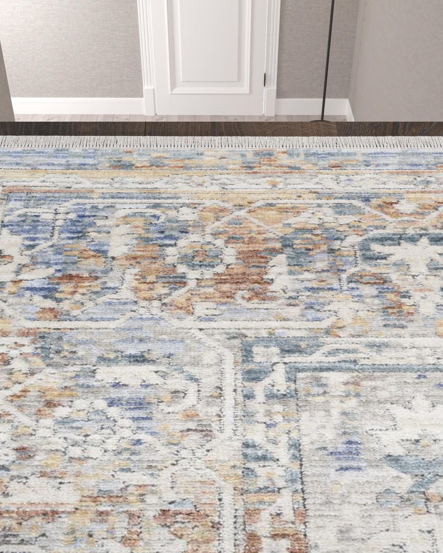 12' Ivory Blue and Orange Oriental Power Loom Distressed Runner Rug