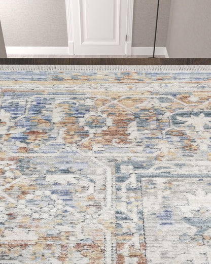 12' Ivory Blue and Orange Oriental Power Loom Distressed Runner Rug