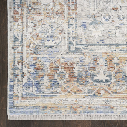 12' Ivory Blue and Orange Oriental Power Loom Distressed Runner Rug