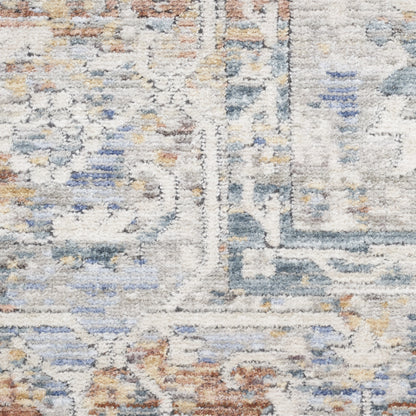 12' Ivory Blue and Orange Oriental Power Loom Distressed Runner Rug