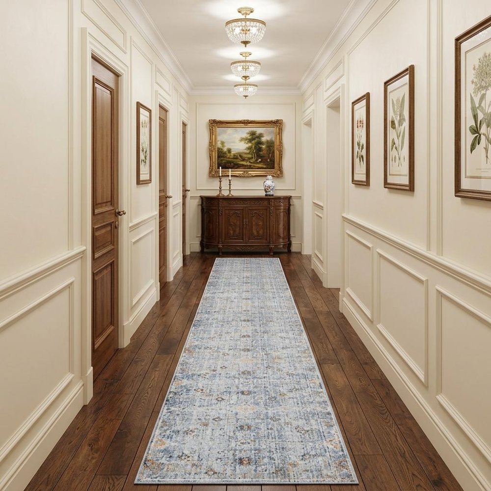 12' Blue and Ivory Oriental Power Loom Distressed Runner Rug