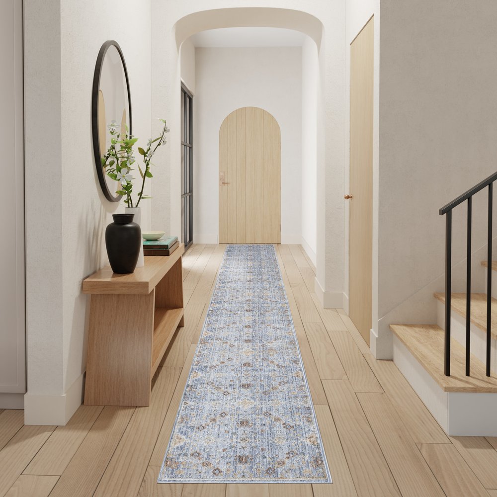 12' Blue and Ivory Oriental Power Loom Distressed Runner Rug