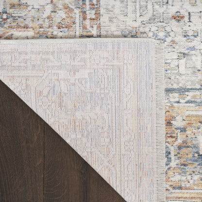 8' Ivory Blue and Orange Oriental Power Loom Distressed Runner Rug