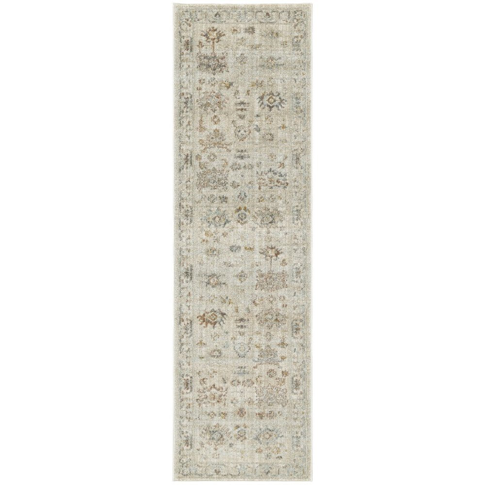 8' Beige and Brown Oriental Power Loom Distressed Runner Rug With Fringe