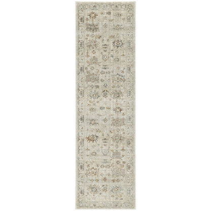 8' Beige and Brown Oriental Power Loom Distressed Runner Rug With Fringe