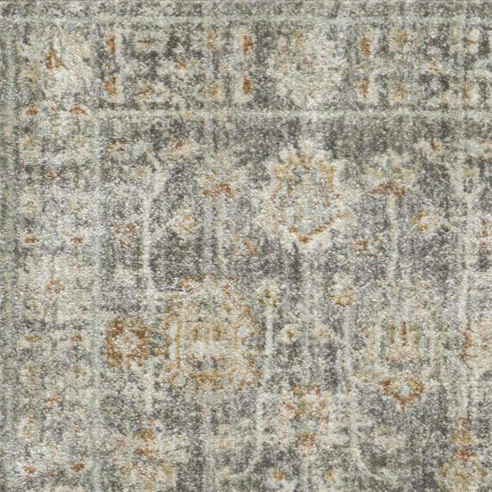 8' Beige Ivory and Gray Oriental Power Loom Distressed Runner Rug With Fringe