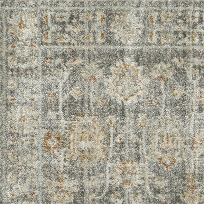 8' Beige Ivory and Gray Oriental Power Loom Distressed Runner Rug With Fringe