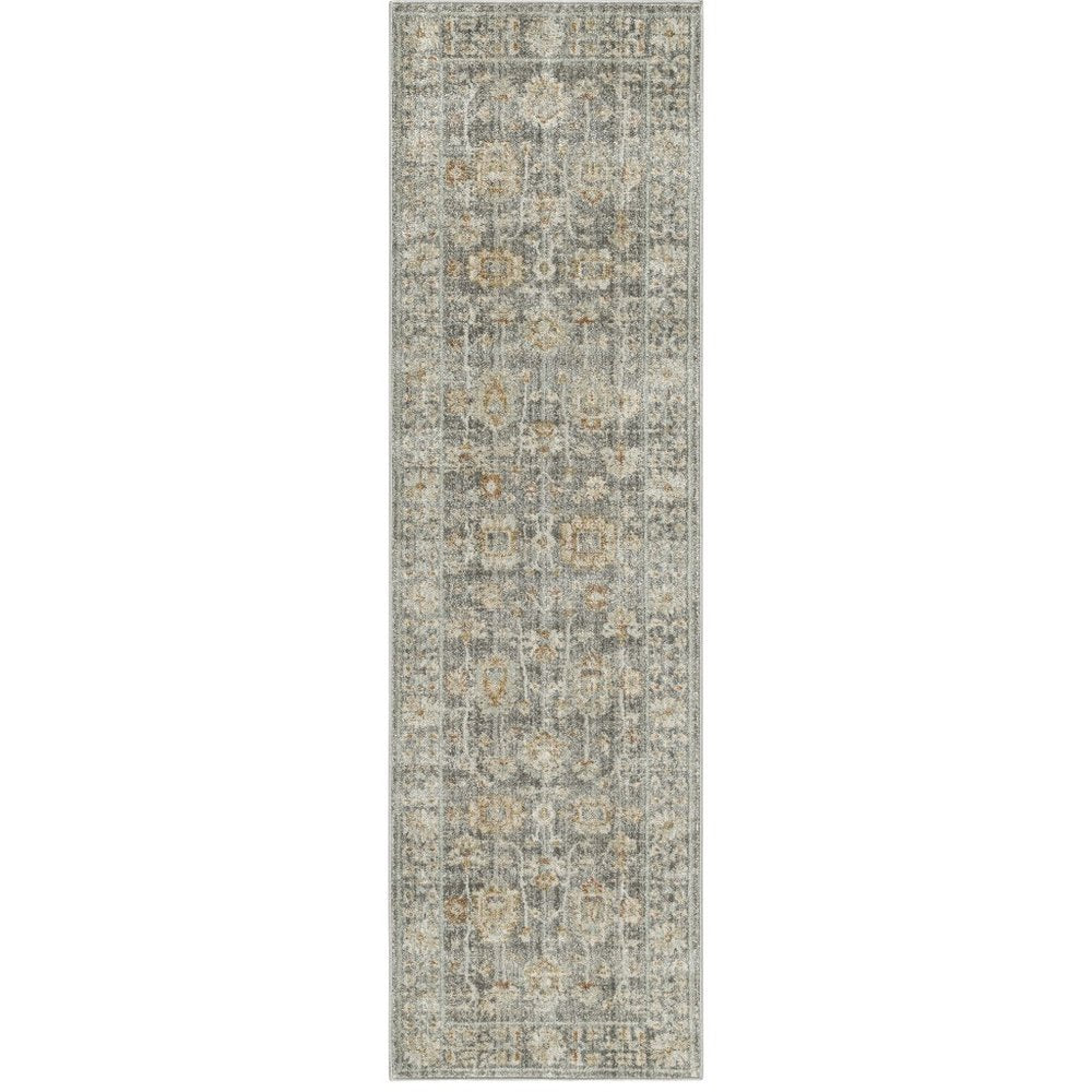 8' Beige Ivory and Gray Oriental Power Loom Distressed Runner Rug With Fringe