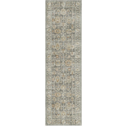 8' Beige Ivory and Gray Oriental Power Loom Distressed Runner Rug With Fringe