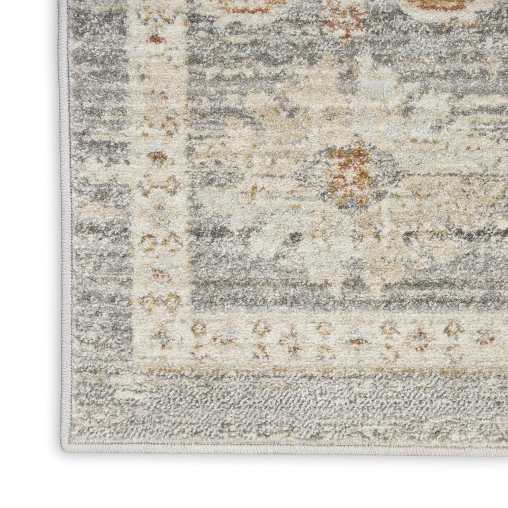 8' Beige Ivory and Gray Oriental Power Loom Distressed Runner Rug With Fringe