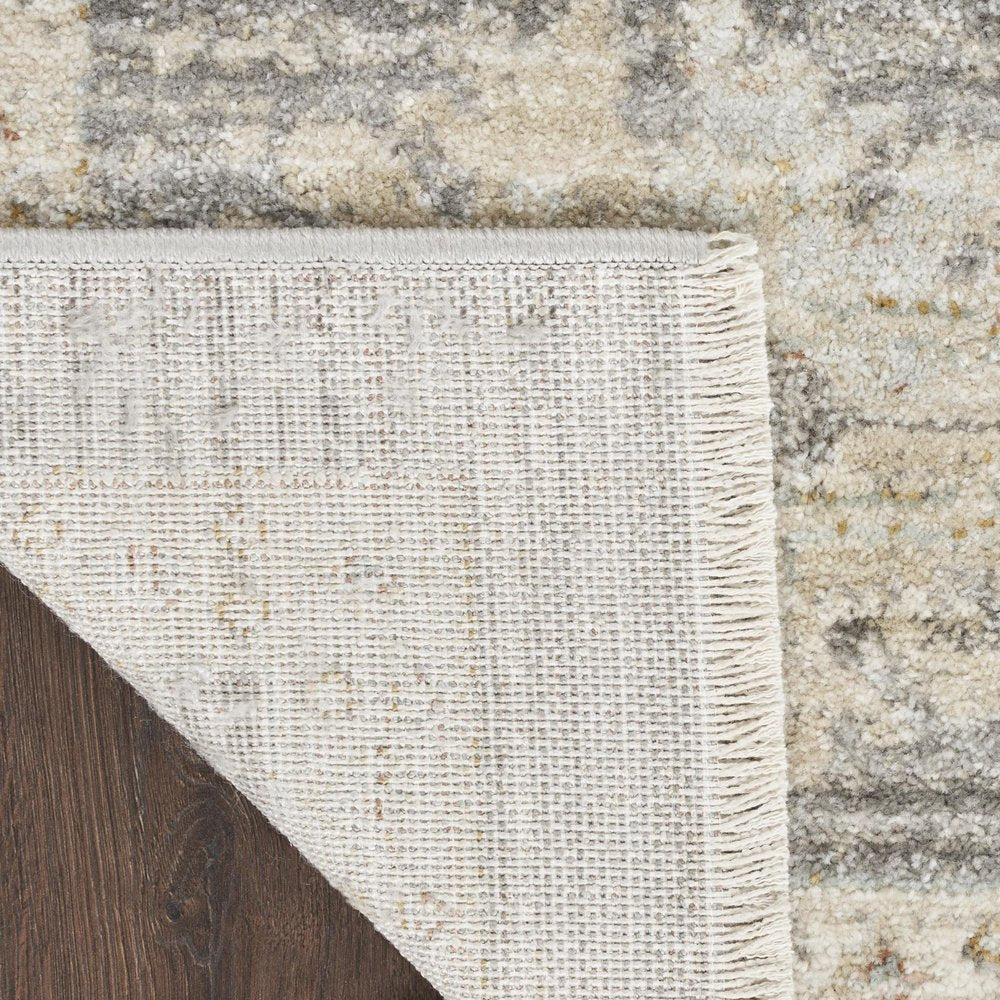 8' Beige Ivory and Gray Oriental Power Loom Distressed Runner Rug With Fringe