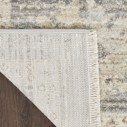 8' Beige Ivory and Gray Oriental Power Loom Distressed Runner Rug With Fringe
