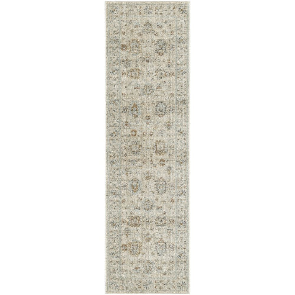 8' Beige and Ivory Oriental Power Loom Distressed Runner Rug With Fringe