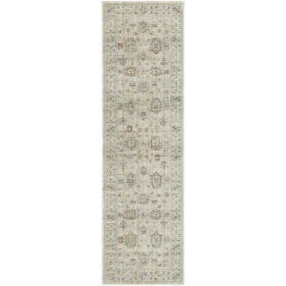 8' Beige and Ivory Oriental Power Loom Distressed Runner Rug With Fringe
