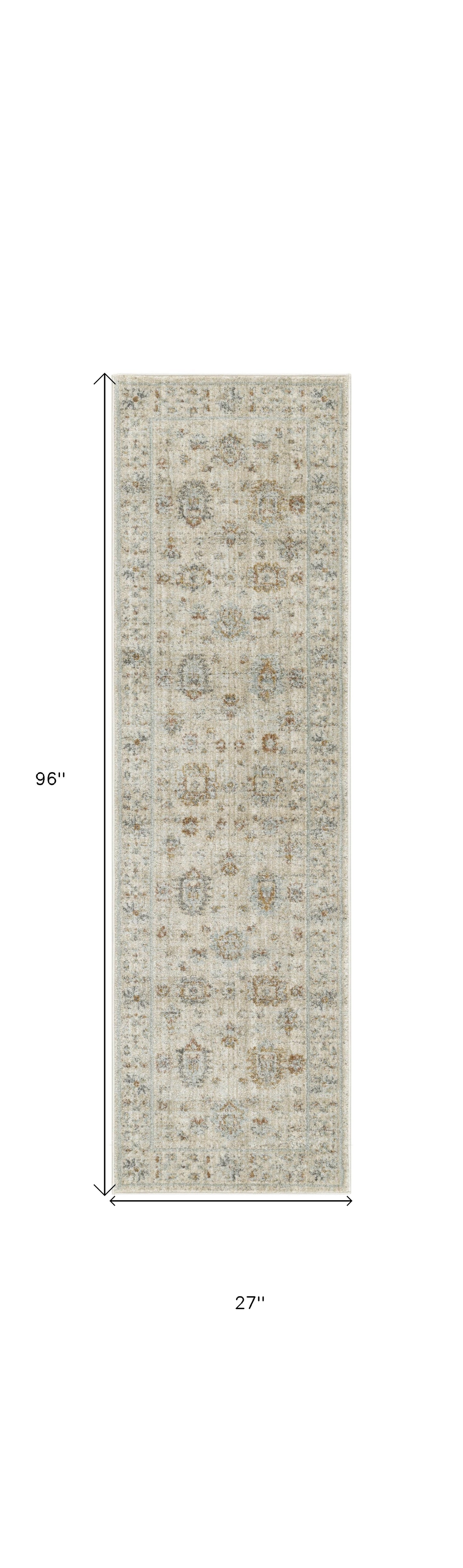 8' Beige and Ivory Oriental Power Loom Distressed Runner Rug With Fringe