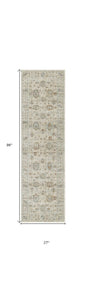 8' Beige and Ivory Oriental Power Loom Distressed Runner Rug With Fringe