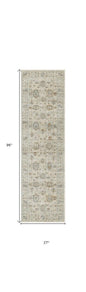 8' Beige and Ivory Oriental Power Loom Distressed Runner Rug With Fringe