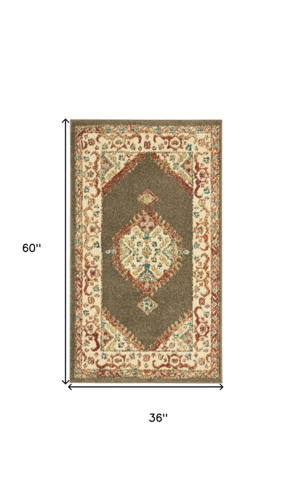 3' X 5' Ivory and Brown Oriental Power Loom Area Rug