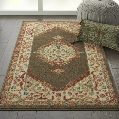 3' X 5' Ivory and Brown Oriental Power Loom Area Rug