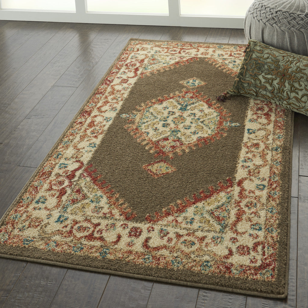 3' X 5' Ivory and Brown Oriental Power Loom Area Rug