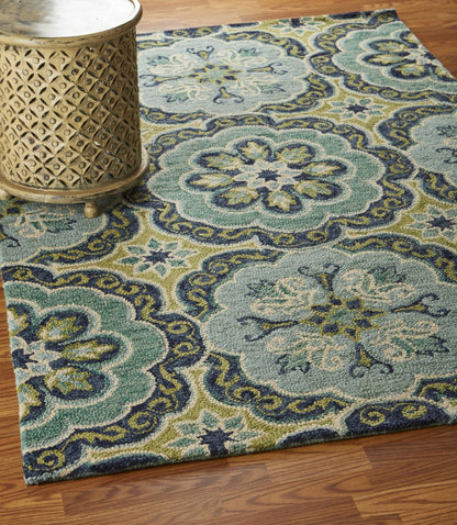 5' X 5' Green Round Wool Floral Hand Tufted Area Rug