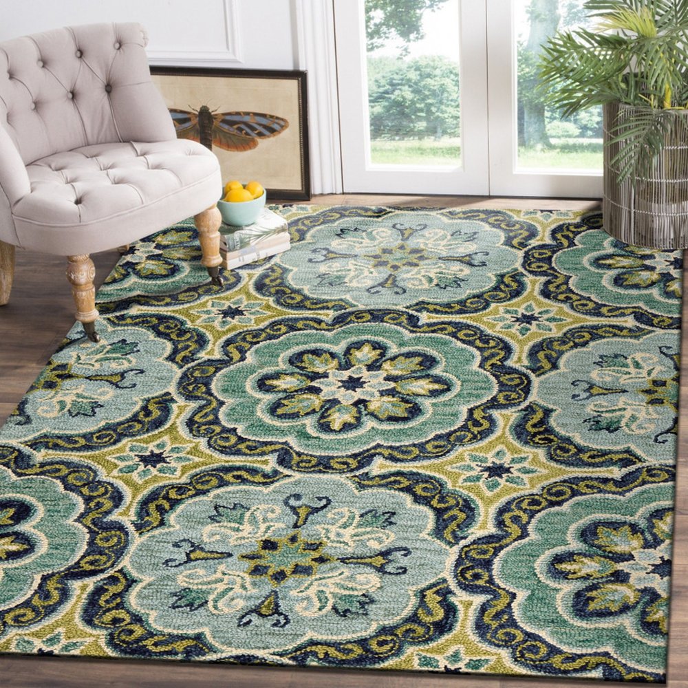 5' X 5' Green Round Wool Floral Hand Tufted Area Rug