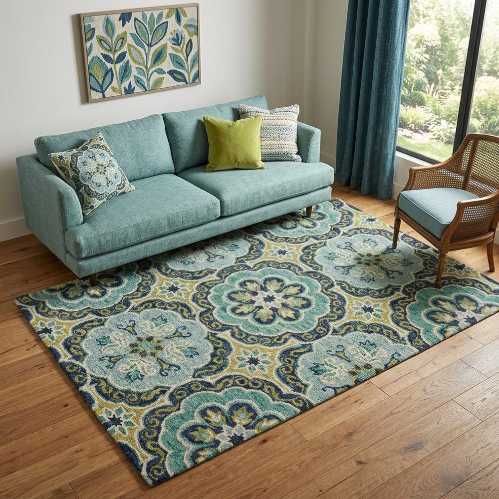 5' X 7' Green Wool Floral Hand Tufted Area Rug
