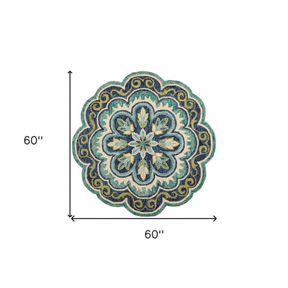 5' X 5' Green Round Wool Floral Hand Tufted Area Rug