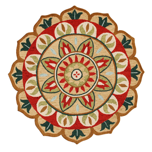 6' X 6' Red Round Wool Floral Hand Tufted Area Rug