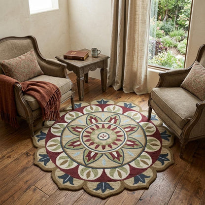 6' X 6' Red Round Wool Floral Hand Tufted Area Rug
