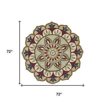 6' X 6' Red Round Wool Floral Hand Tufted Area Rug