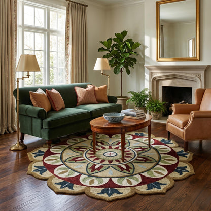 6' X 6' Red Round Wool Floral Hand Tufted Area Rug