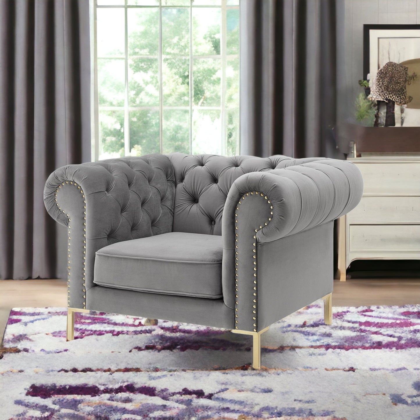 39" Gray And Gold Velvet Tufted Chesterfield Chair