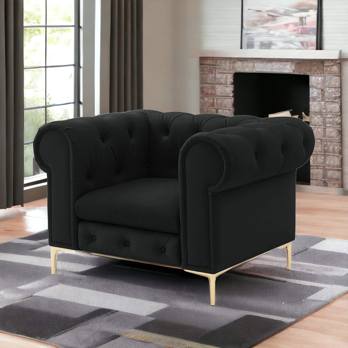 34" Black And Gold Faux leather Tufted Chesterfield Chair