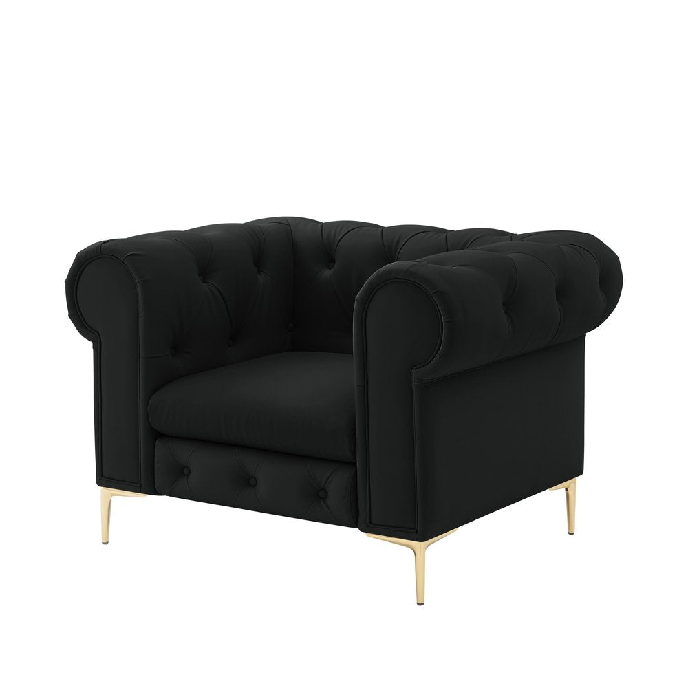 34" Black And Gold Faux Leather Tufted Chesterfield Chair