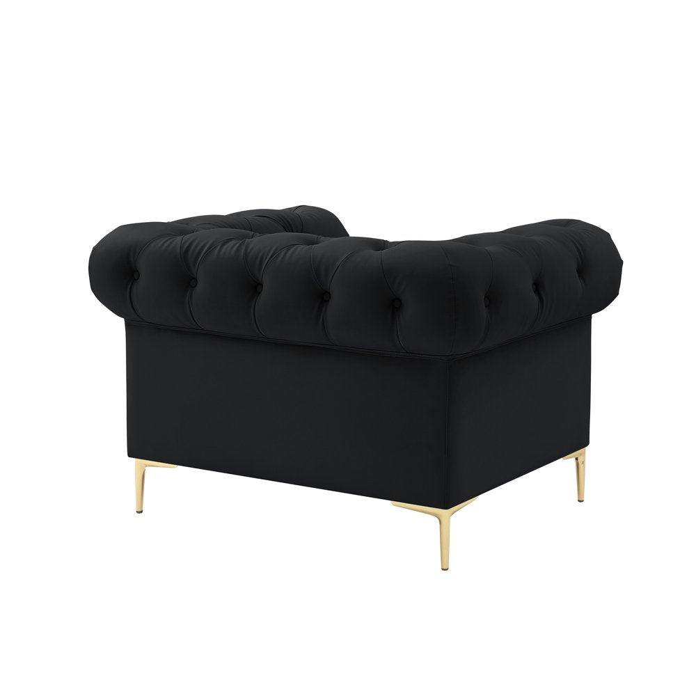 34" Black And Gold Faux Leather Tufted Chesterfield Chair