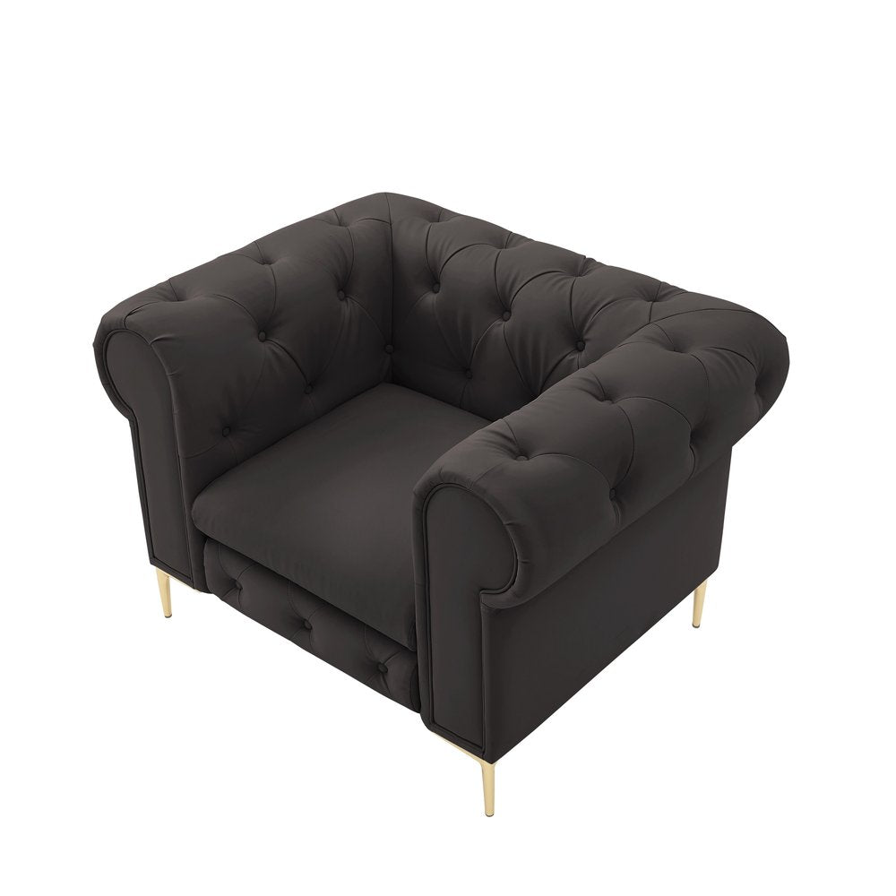 34" Black And Gold Faux Leather Tufted Chesterfield Chair
