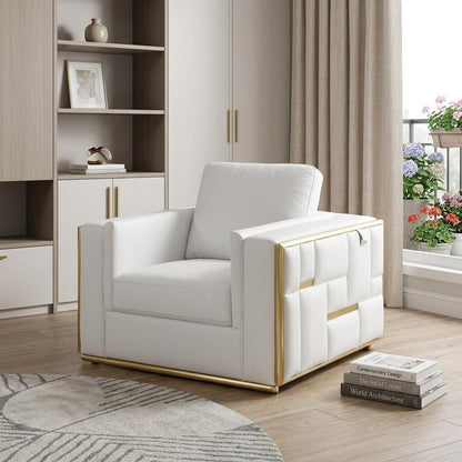 47" White And Gold Top Grain Leather Club Chair