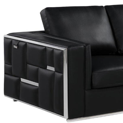 73" Black And Silver Metallic Top Grain Leather Loveseat