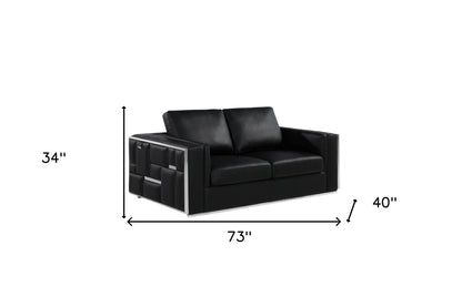 73" Black And Silver Metallic Top Grain Leather Loveseat