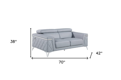 70" Light Blue And Silver Metallic Top Grain Leather Loveseat