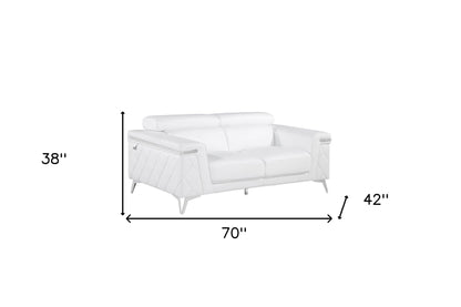 70" White And Silver Metallic Top Grain Leather Loveseat