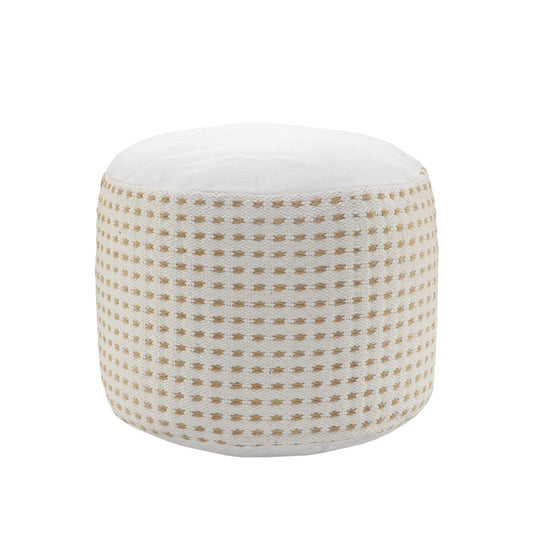 18" White Jute Round Geometric Pouf Ottoman