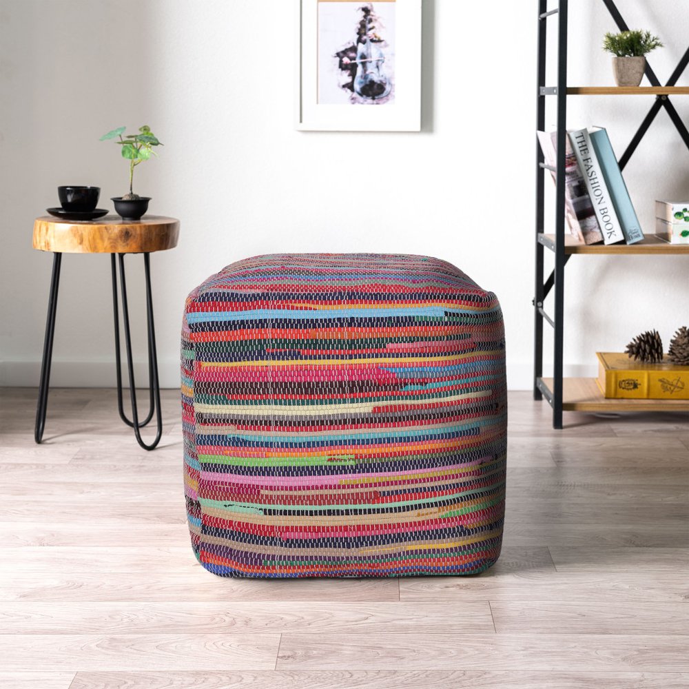 18" Red And Black Cotton Cube Striped Pouf Ottoman