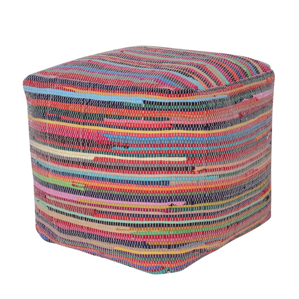 18" Red And Black Cotton Cube Striped Pouf Ottoman